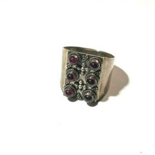 Rare Sterling Silver Vintage 6 Stone Garnet Bubble Ring Size 9 Wide Band
