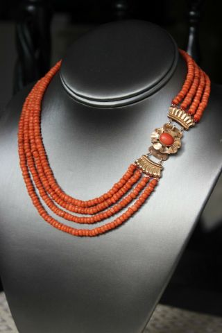 57gr Antique Salmon Coral Necklace Natural Undyed Beads Gold 14 Dutch Clasp