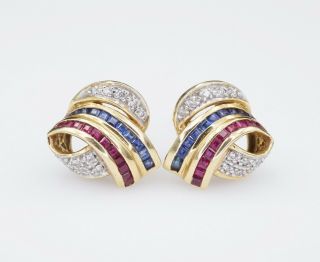 Vintage 18k Yellow Gold Natural Ruby Sapphire Diamond Earrings Eg1492