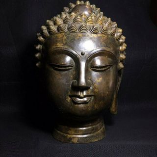 14 " Chinese Old Antique Ming Xuande Mark Handmade Bronze Buddha Head Statue