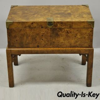 Vintage English Campaign Style Burlwood & Brass Storage Trunk Chest Side Table