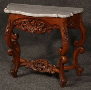 Diminutive Carved Walnut American Victorian Rococo Marble Top Console Table 3