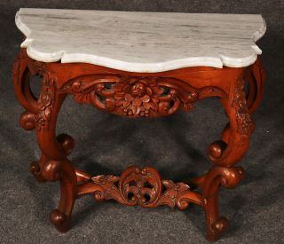Diminutive Carved Walnut American Victorian Rococo Marble Top Console Table 6