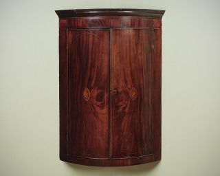 Antique George Iii Inlaid Bow Front Corner Cupboard C.  1810.