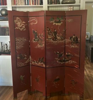 Vintage Chinoiserie Oriental Red & Black Lacquer Room Divider Floor Screen - 72 "