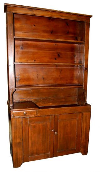 Antique Hand - Carved Pine Dry Sink W/ Hutch