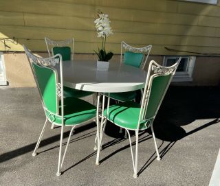 Vintage Retro Kelly Green Wrought Iron Dinette 4 Dining Chairs & Table Set