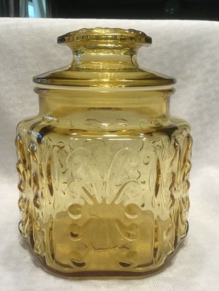 Vintage Atterbury Amber Glass Canister Jar W Lid Scroll Fleur De Lis