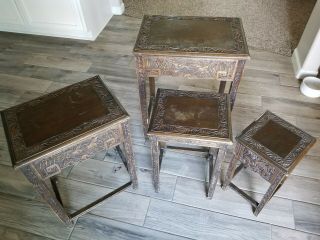 Antique Hand Carved Japanese Nesting Tables X 4