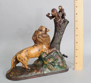 Antique 19thc Painted Cast Iron Kyser & Rex Mechanical Bank Lion & 2 Monkeys Nr