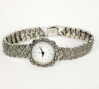 Vintage Ladies Sterling Silver 925 & Marcasite Quartz Wrist Watch
