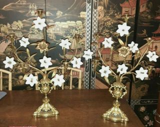 Pair Antique French Gilt Brass Church Altar Candelabras Milk Glass Floral 25 " T