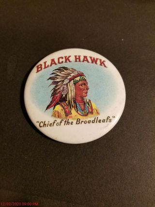 Antique BLACK HAWK Chief Of The Broadleafs Cigar Tobacco Metal Button Mirror HTF 3