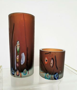 Vintage Murano Glass Vases Matte - Brown With Millefiori Accent - - 6 3/4 " Tall