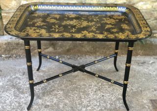 Antique Regency Tray Table Black Lacquered And Gilt Acanthus