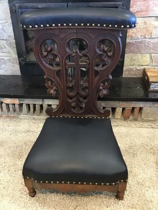 French Gothic Revival Carved Prayer Chair Kneeler 1800s Oak Prie - Dieu