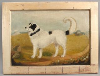 19thc Antique American Folk Art Landseer Dog Portrait Oil Painting,  Nr
