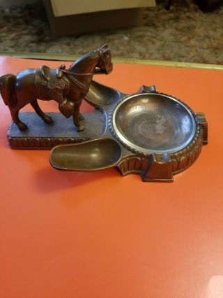Vintage 1930s/1940s Praline Queen Brass Horse Ashtray W/ Double Pipe