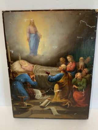 Antique Old Master Oil Painting On Panel Death Of Virgin 10.  75x8” Museum Quality