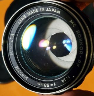 Minolta Mc Rokkor - Pf 58mm F/1.  4 Lens With Caps And Case Vintage