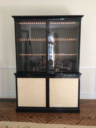 Black Lacquered China Cabinet With Lighted Shelving,  Glass French Doors Lined Wi