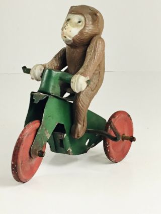 Vintage Tin Lithograph Bicycle Wind Up Toy With Small Plastic Monkey -