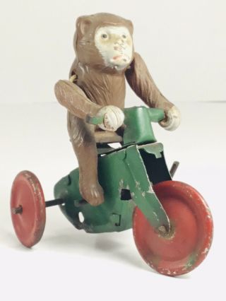 Vintage Tin Lithograph Bicycle Wind Up Toy with Small Plastic Monkey - 2