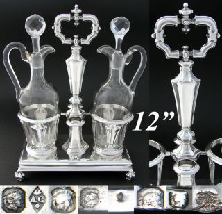 Antique French Louis Philippe Era Sterling Silver 13 " Oil & Vinegar Cruet Stand