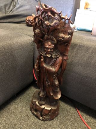 Antique Chinese Wooden Carved Statue / Figure Of Demon Foo Dog 24” Tall