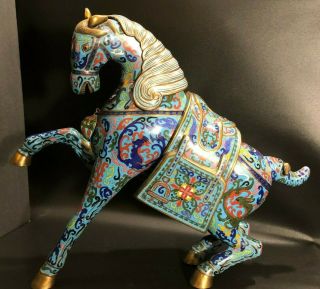 Pr.  Antique Chinese Cloisonne 17 " & 12 " Tall Horses Enamel On Bronze C.  1915 - 20 