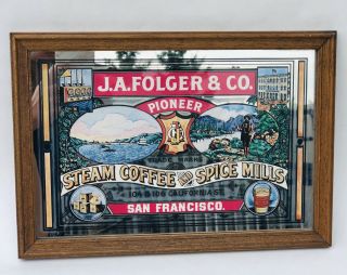 Vtg J.  A.  Folger Coffee Advertising Framed Mirror San Francisco Coffee Mill Bar