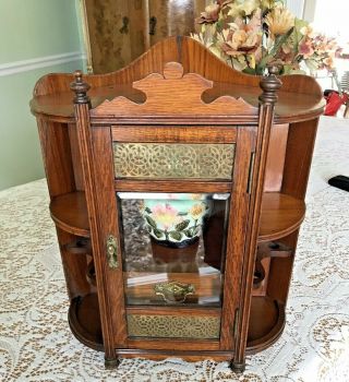 Vintage Antique English Victorian Oak Tobacco Corner Cabinet Case W/jar