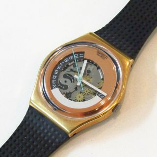 Vintage Swatch Watch " Moonquake " Gx404 1989 Classic Gold Black Day Date Block