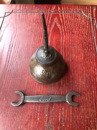 Vintage Ford Script Antique Handy Oiler Oil Can Model T With 1917 Ford Wrench