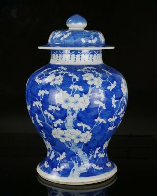 LARG Antique Chinese Blue and White Porcelain Prunus Blossom Vase & Cover MARKED 2