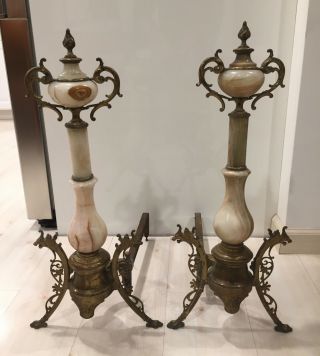Large Fancy Antique 19th Century Brass And Onyx Andirons