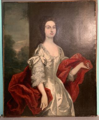 Lg Antique 18thc Old Colonial Lady Portrait Large Castle Size Oil Painting