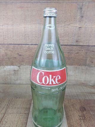 Large 32 Oz Vintage Coca - Cola Coke Green Glass Bottle With Cap