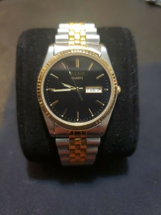 Mens Pulsar Quartz Day Date Two Tone Gold With Black Dial