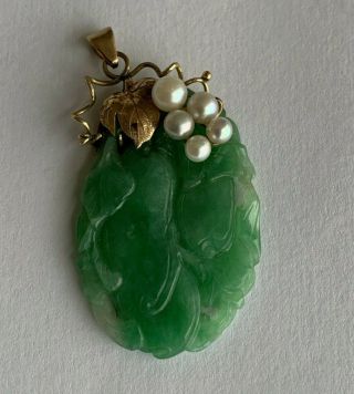Antique Carved Green Jade Pendant With 14k And Pearls,  Unique Piece