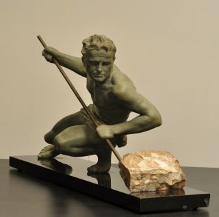 Huge 1930s French Art Deco Nude Male Athlete Sculpture Rockman By Bezin,  Signed