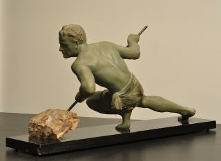 HUGE 1930s French ART DECO Nude Male Athlete SCULPTURE Rockman by BEZIN,  signed 3