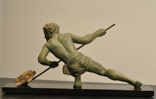 HUGE 1930s French ART DECO Nude Male Athlete SCULPTURE Rockman by BEZIN,  signed 5