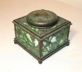 Antique Ornate Tiffany Studios Bronze Green Slag Glass Grapevine 844 Inkwell