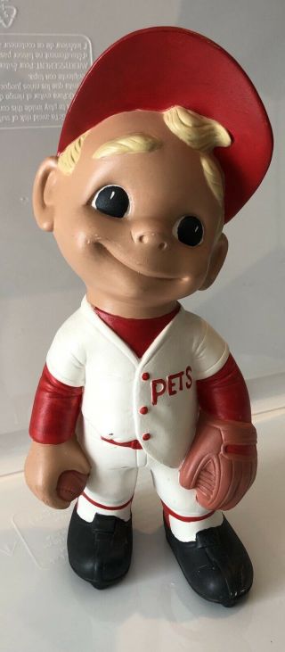 12 In Vintage Atlantic Mold Smiley Boy Baseball Ceramic Red Figurine Souvenir