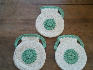 2 Vintage Hand Crocheted White Cotton Pot Holders Hot Pads W Green Trim - Wowee