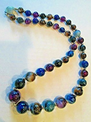 Vintage Graduated Bead Necklace With Multi - Color Blue Purple Marble Swirl Beads