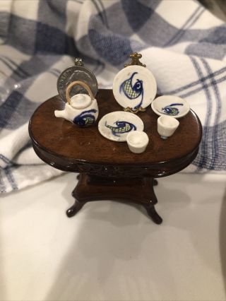 Miniature Dollhouse Signed Japanese / Chinese Tea Set With Hand Painted Fish