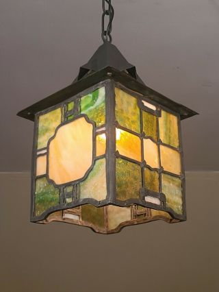 OUTSTANDING True Arts and Crafts Stained Glass Porch Light Fixture Witches Hat 2