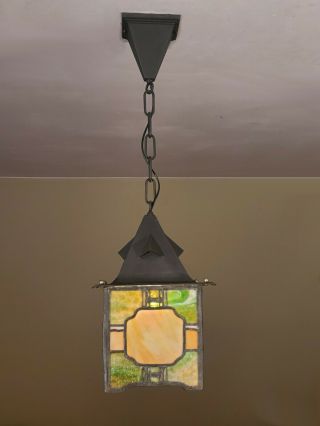 OUTSTANDING True Arts and Crafts Stained Glass Porch Light Fixture Witches Hat 3